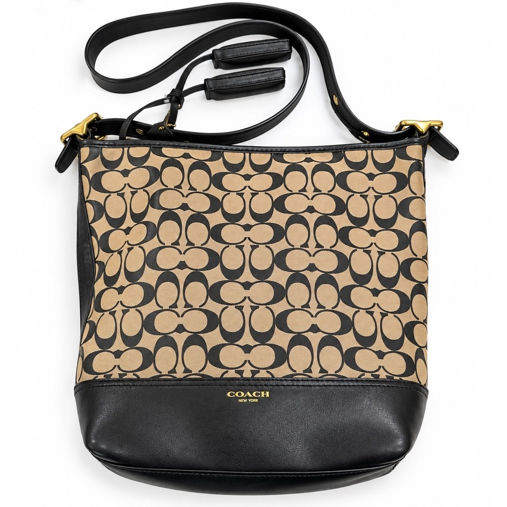Coach Legacy Signature Canvas Leather Hobo Duffle Bag Khaki Black Gold Tassel